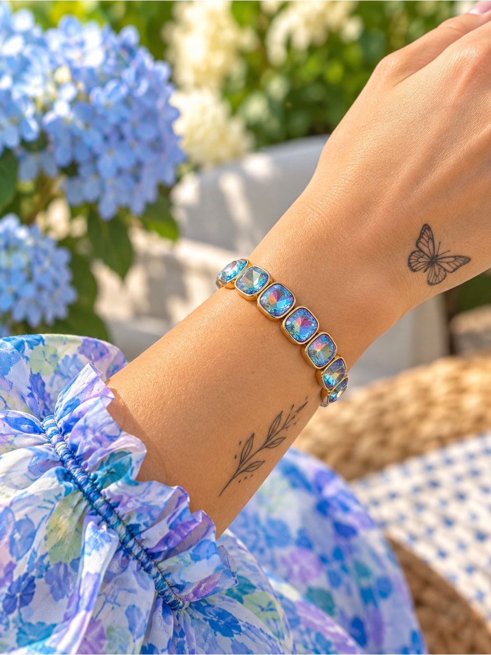 Gold Plated Iridescent Blue Purple AB Jeweled Cushion Cut Rhinestone Bracelet